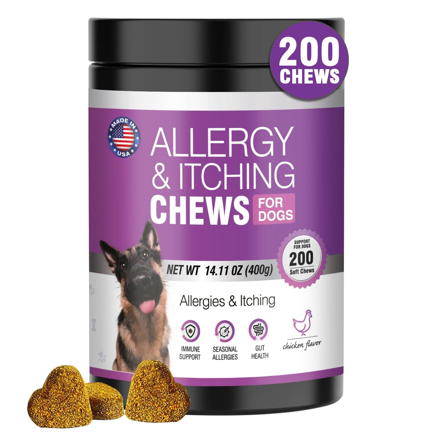 Dog Allergy Chews 200PCs - Dog Allergy and Itching Skin Relief Anti Itch Aller Immune Bites for Dogs Itching Licking Paws Treatment Relief Itchy Chew Probiotics Vitamins for Skin and Coat Allergies
