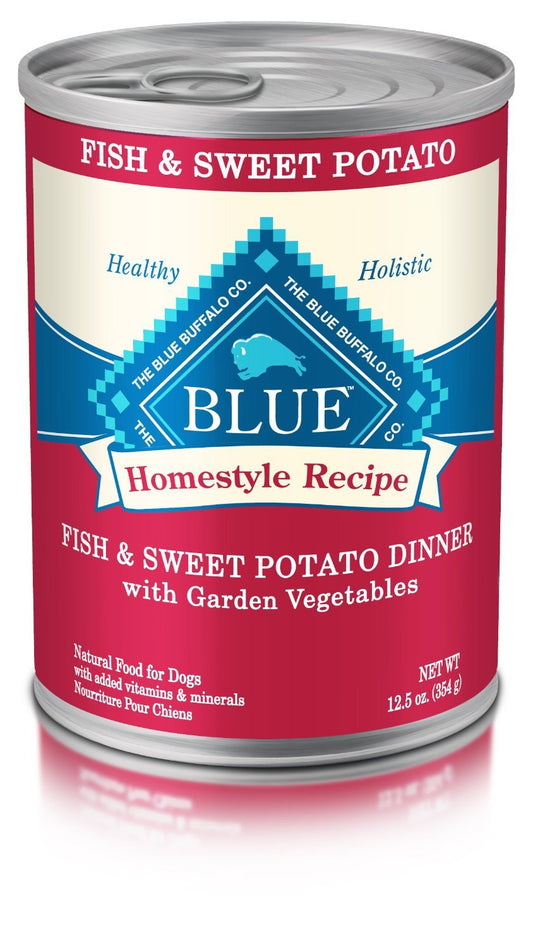 Blue Buffalo Homestyle Recipe Adult Wet Dog Food, Made with Natural Ingredients, Fish & Sweet Potato Dinner With Garden Vegetables, 12.5-oz can (Pack of 12)