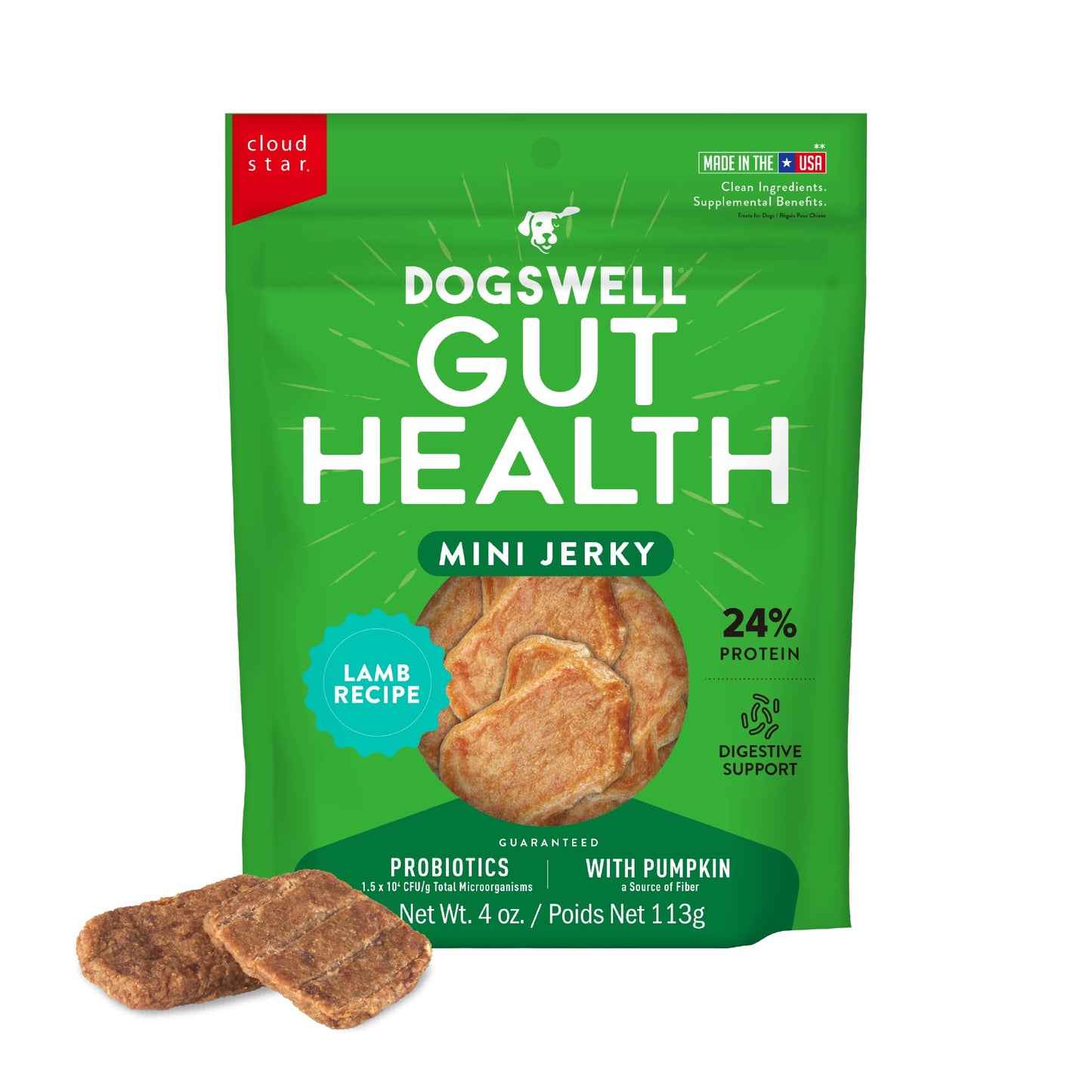 DOGSWELL Gut Health Mini Jerky Functional Dog Treats, Lamb 4 oz. Bag