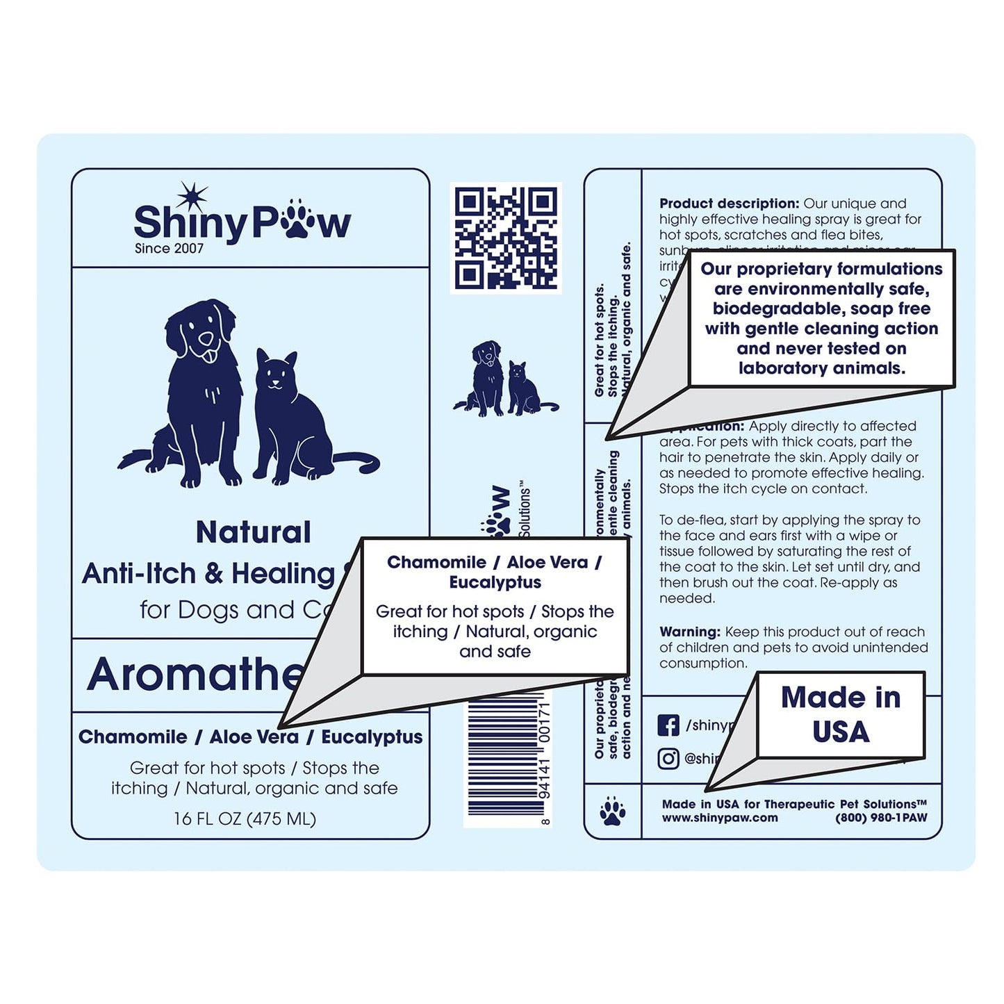 Dog Itch Relief Spray by Shiny Paw 16 oz | Aloe Vera & Eucalyptus Skin Itch Remedy | Dog Hot Spot Spray | Natural Anti Itch Spray for Pets | Dog Itchy Skin Relief | Made in USA