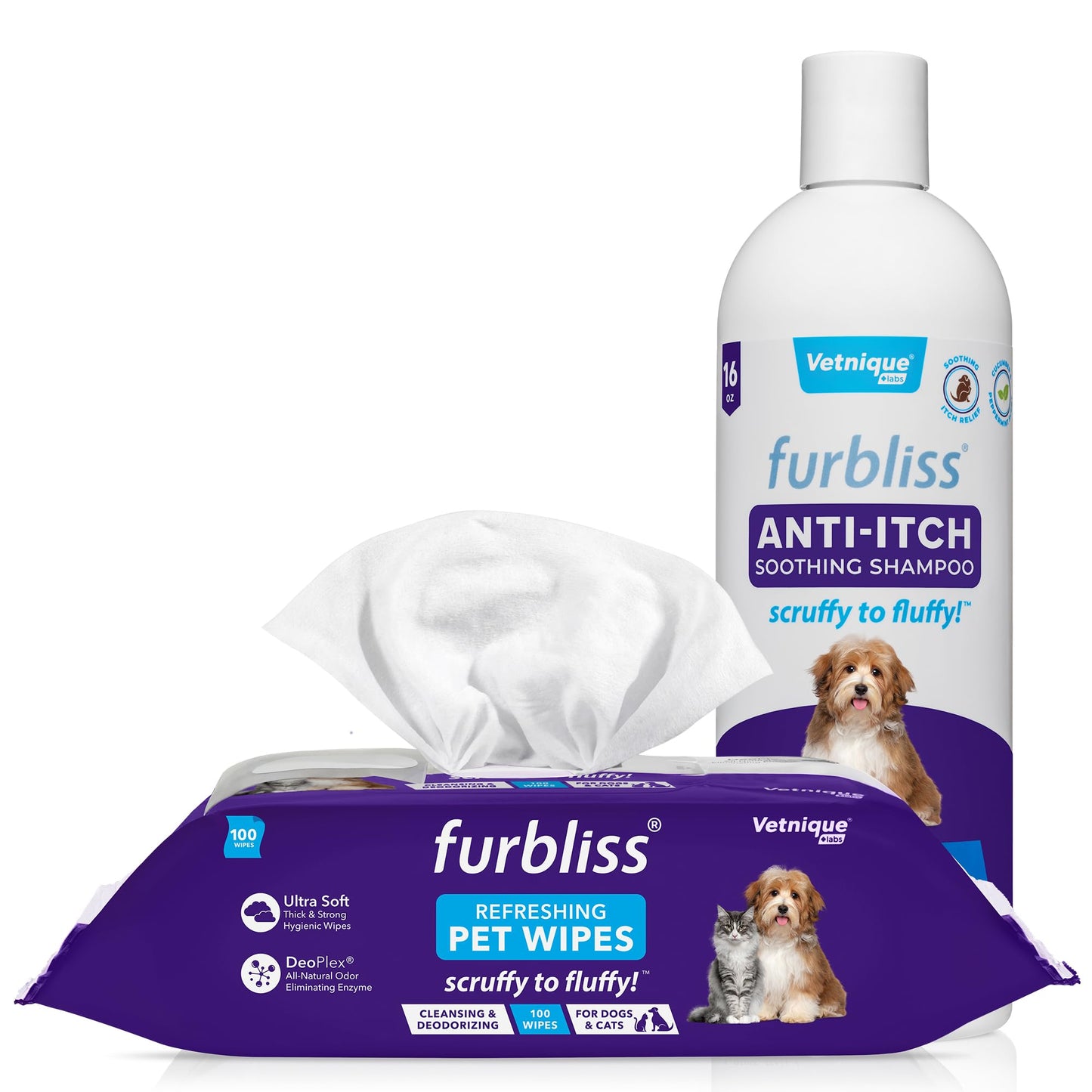 Furbliss Anti-Itch Soothing Oatmeal Shampoo 16oz & Hygienic Grooming Pet Wipes 100ct Bundle, Anti-Itch Oatmeal Shampoo for Dogs, Dog Grooming Wipes with Aloe & Vitamin E