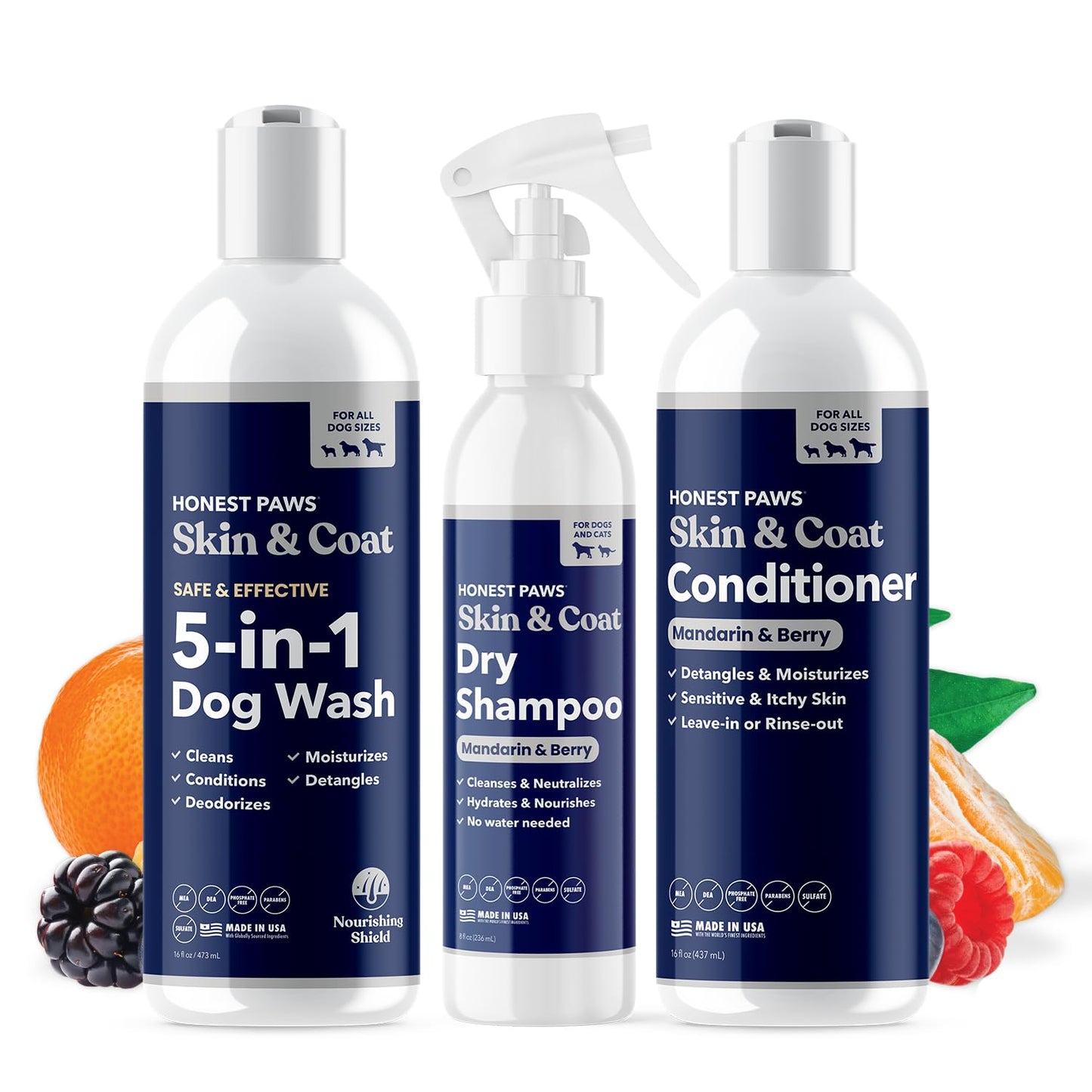 Honest Paws Dog Shampoo Conditioner - Grooming Bundle with Dry Shampoo - Cleanse, Moisturize, Deodorize, Condition, Detangle - Mandarin & Berry