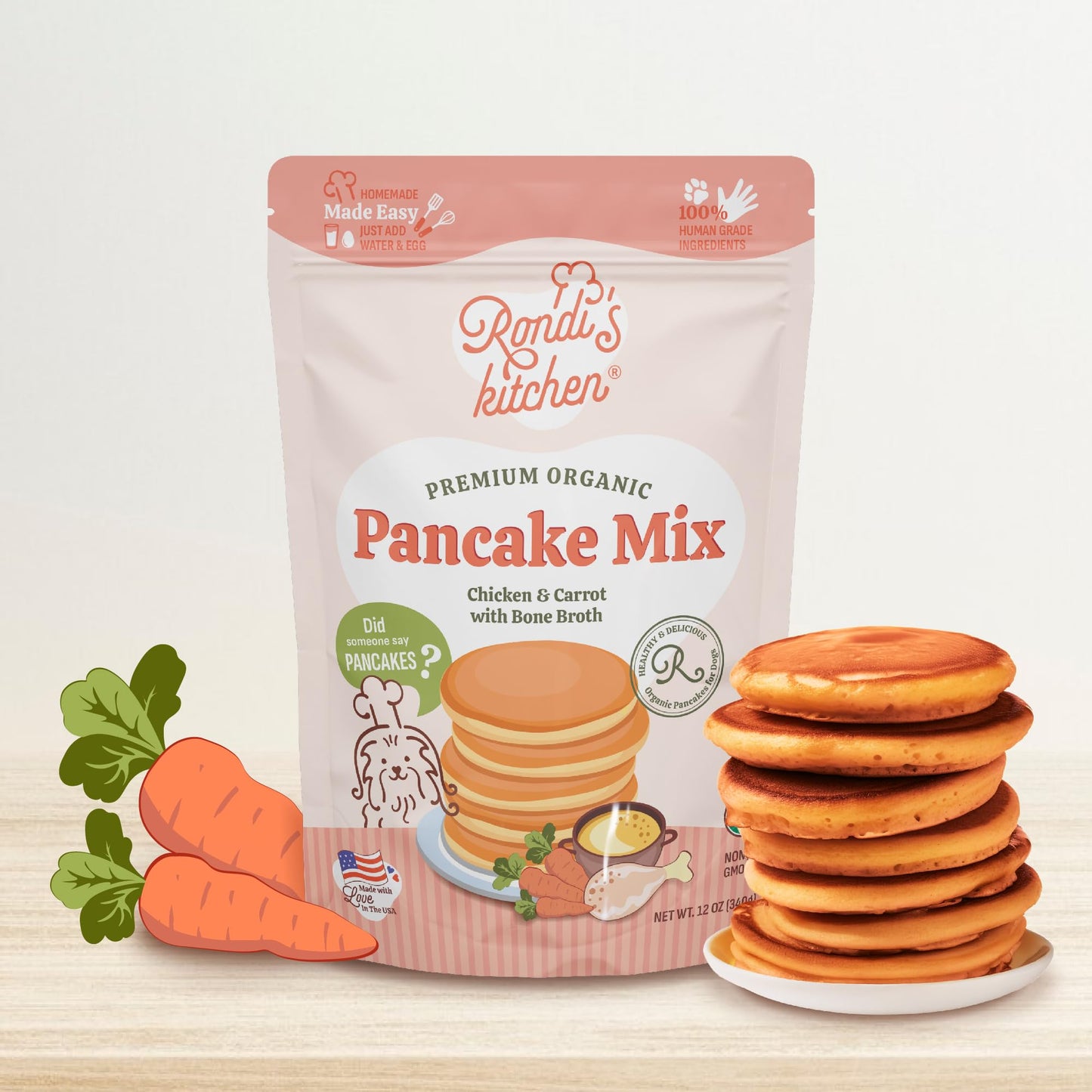 Rondi's Kitchen Pancake Mix for Dogs - Premium All-Natural & Organic Dog Treats, Healthy Dog Snacks for All Ages & Sizes, Made with Human-Grade Ingredients - Chicken & Carrot