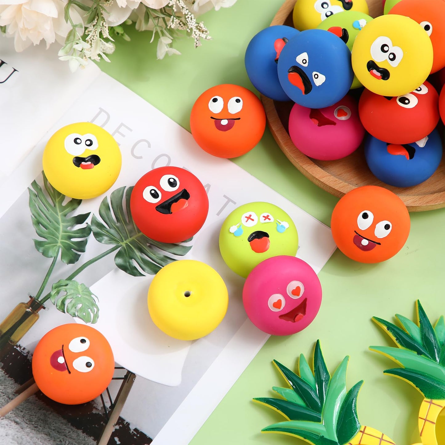 Hungdao 12 Pcs Latex Squeaky Dog Toys Funny Face Squeaky Dog Balls Soft Rubber Interactive Fetch Play Balls for Mini Small Breeds Puppy Pet Teething Training