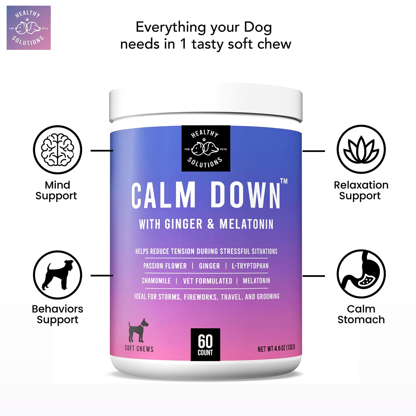 Calming Chews for Dogs - Dog Calming Treats for Anxiety & Stress Relief with Melatonin and Ginger - Aid with Storms, Grooming, Fireworks, Separation, Travel, Motion Sickness, & Sleep - 60 Soft Chews