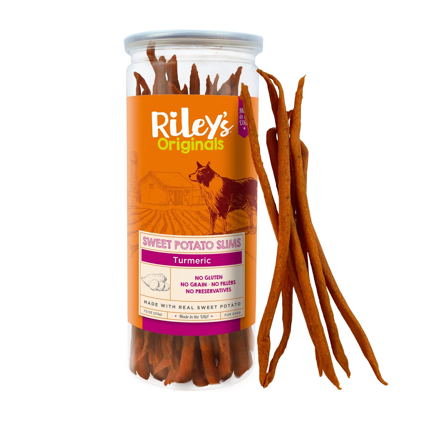 Riley's Slims Dried Sweet Potato Dog Treats - Dehydrated Chews with Turmeric - Limited Ingredient USA Sourced Sweet Potato - Made in The USA - 7.5 oz