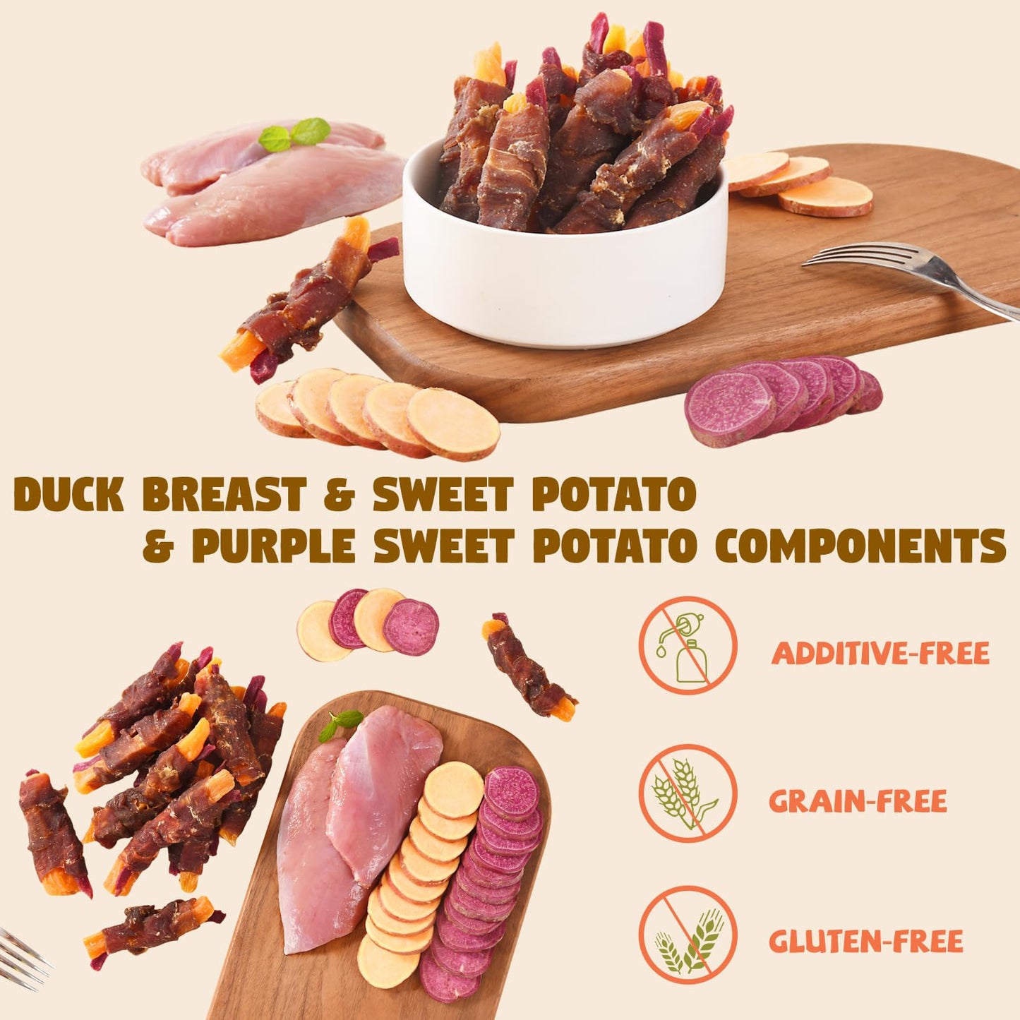Furmate Dog Jerky Treats Duck Wrapped Orange Purple Sweet Potato, Healthy Dog Snacks High Protein Low Fat, Soft Chews Eliminates Tears, Training Rewards Treats for Small Medium Large Breeds,10.58 oz