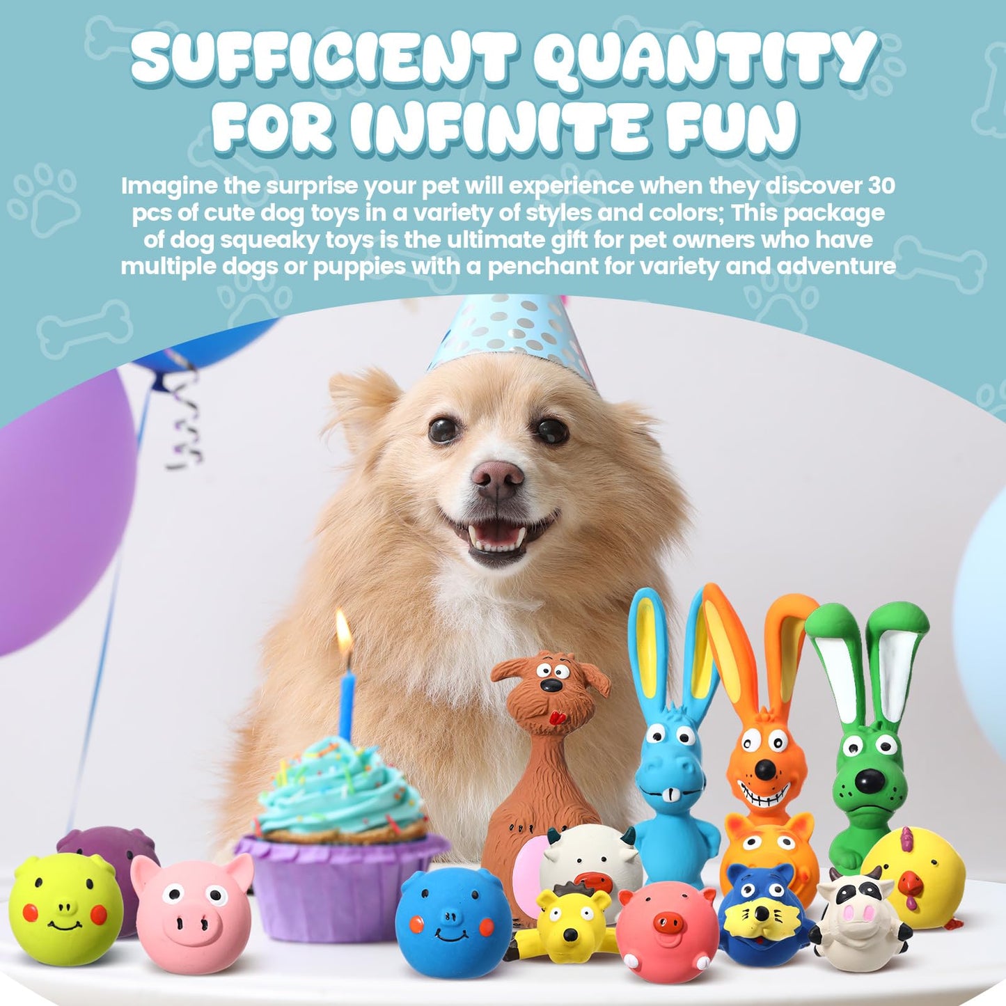 Vertintong 30 Pcs Squeaky Dog Toys Squeak Latex Puppy Funny Animal Soft Dog Chew Toy for Small Medium Large Pets Interactive Play Fetch Reduce Separation Anxiety, Assorted Styles