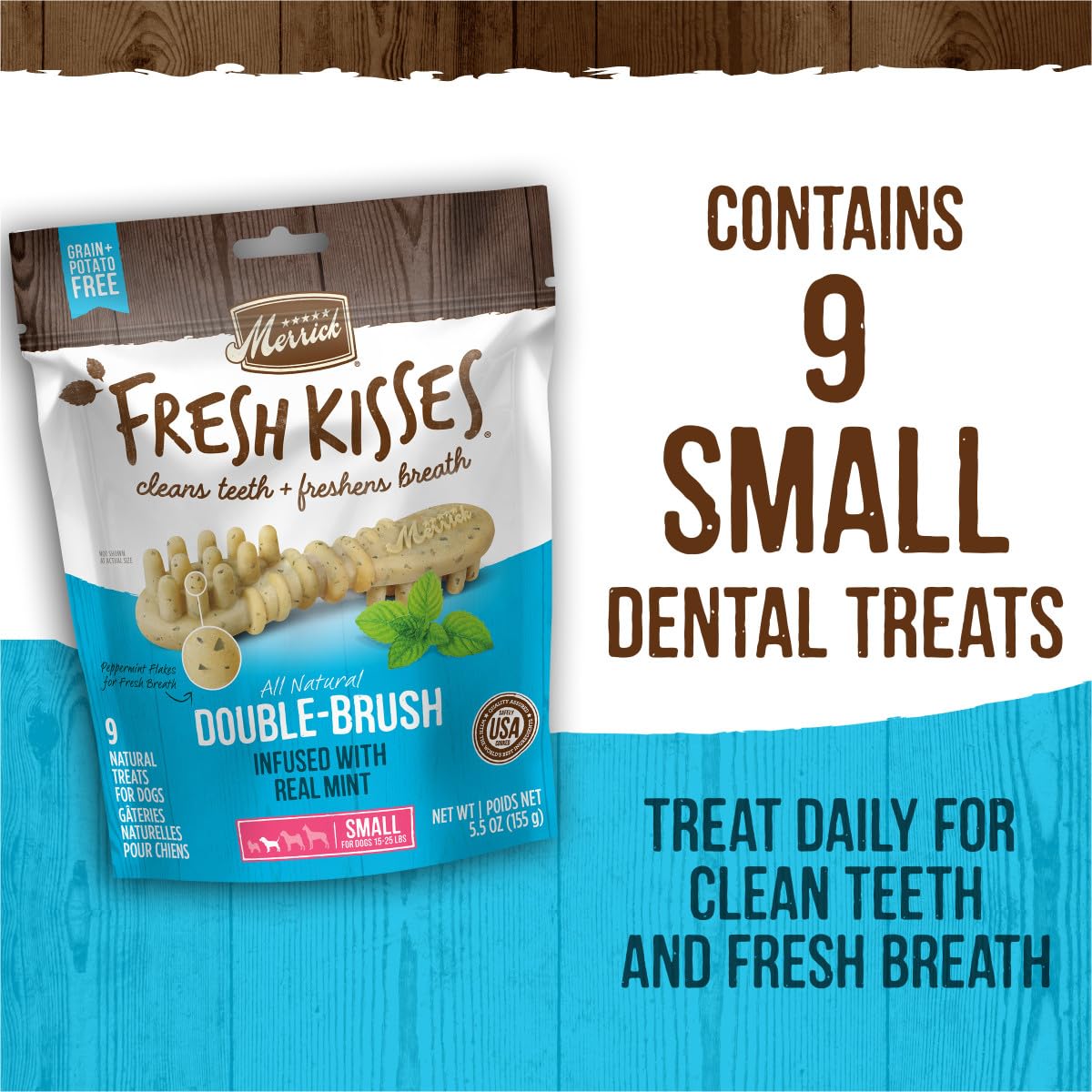 Merrick Fresh Kisses Natural Dental Chews, Toothbrush Treat Shape Infused with Real Mint, Small Dogs 15-25 Lbs - 48 ct. Box