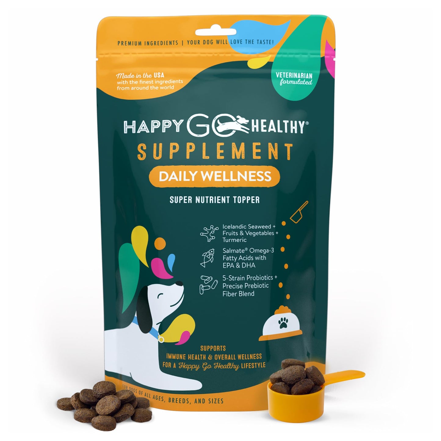Happy Go Healthy Daily Wellness Supplements for Dogs | Probiotic & Prebiotic Benefits with Fish Oil & Seaweed to Keep Your Dog Beaming All Day Long | All Breeds and Sizes | 60 Count