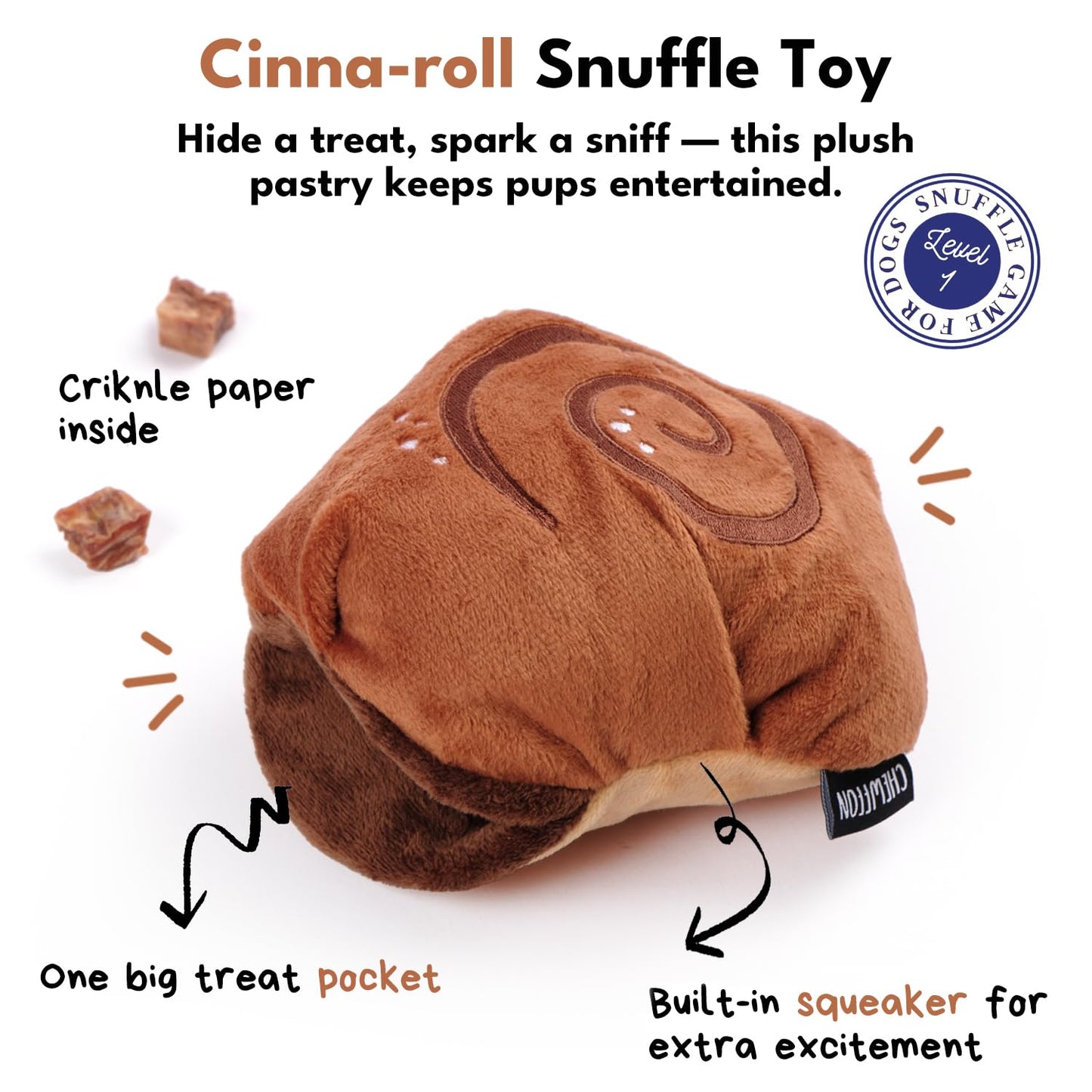 CHEWFFON Interactive Dog Enrichment Snuffle Toy, Squeaky Dog Toys, Cute Soft Puppy Gifts, Crinkle Treat Puzzle Toys for Brain Stimulation, Cinnamon Roll Toy for Small and Medium Size Dogs