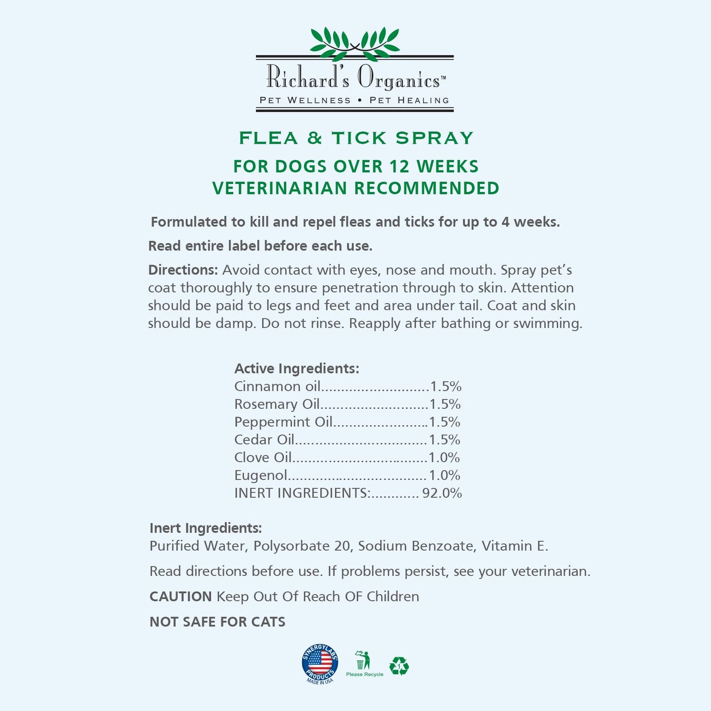 Richard’s Organics Gentle Flea and Tick Spray for Dogs –100% Natural Actives Kills Fleas, Ticks, Repels Mosquitos for Up to 4 Weeks – No Harsh Chemicals, Safe for Use Around Children (12 oz)