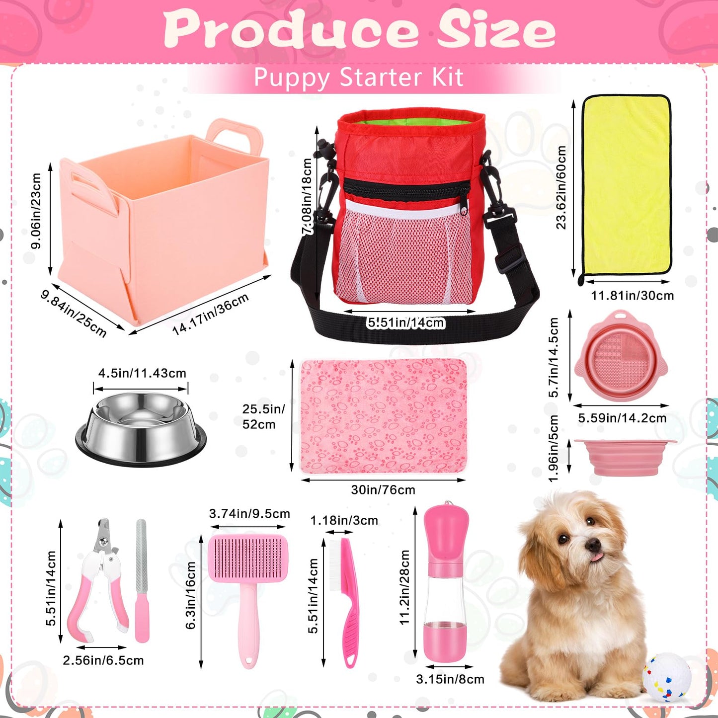 PullCrease 65 Pcs Puppy Supplies Starter Kit Small Dog Essentials Includes Dog Leash, Toys, Bowl, Brushes, Water Bottles, pet Blankets Puppy Accessories for New Welcome Gift Supplies(Cute,Pink)