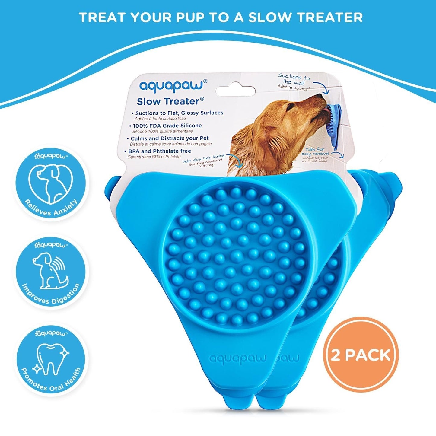 Aquapaw Lick Mat for Dogs - 2-Pack, Regular, Blue - Suction Cup Lick Mat & Slow Feeder Pad for Peanut Butter Dog Treats - Calming Bathing Aid