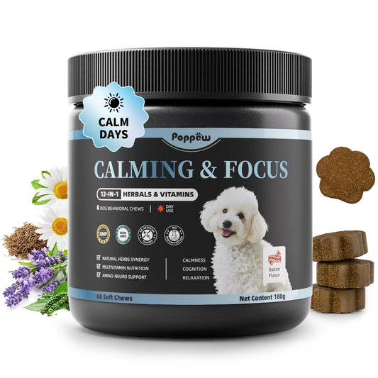 POPPAW Calming Chews for Dogs – Calming Treats for Anxiety, Stress, Separation, Travel&Thunder, Relaxation & Focus Support with L-Theanine, Valerian Root, Chamomile & Ashwagandha, Bacon Flavor, 60Ct