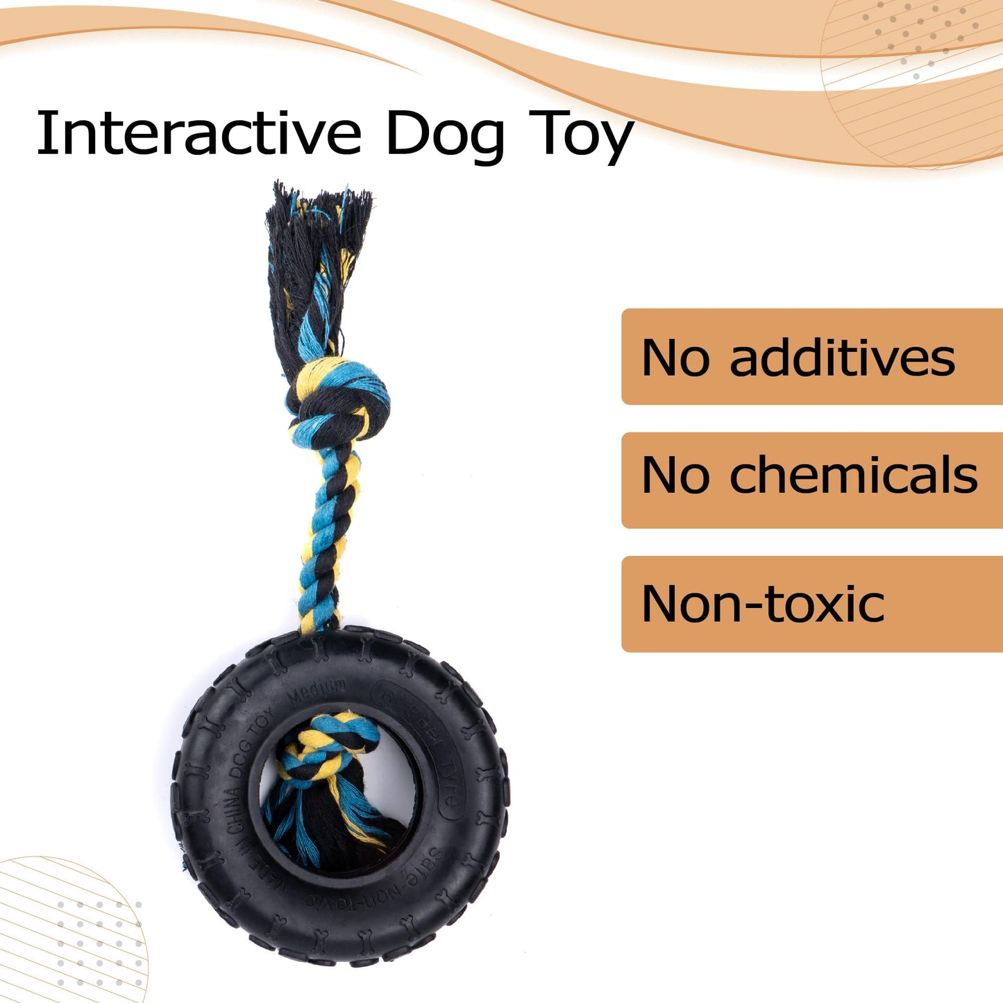 Wagably Tire Dog Toy with Cotton-Poly Rope - Rubber Toy for Extreme Chewers - Interactive Fun Play for Aggressive Chewers for Medium and Large Dogs - Safe and Durable Rope Tug Chew Toy for All Breeds
