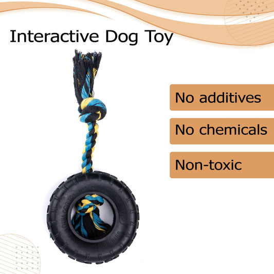 Wagably Tire Dog Toy with Cotton-Poly Rope - Rubber Toy for Extreme Chewers - Interactive Fun Play for Aggressive Chewers for Medium and Large Dogs - Safe and Durable Rope Tug Chew Toy for All Breeds
