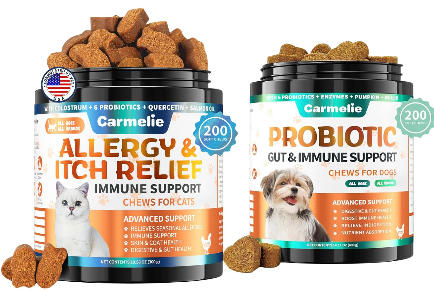 Cat Allergy Relief & Probiotics for Dogs Chews - 200 pcs Itchy Skin & Paw Licking Relief - Omega 3 & Probiotic for Cats - Fibre for Dogs Anti Diarrhea, Upset Stomach, Gas Relief, Itchy Skin (Chicken)