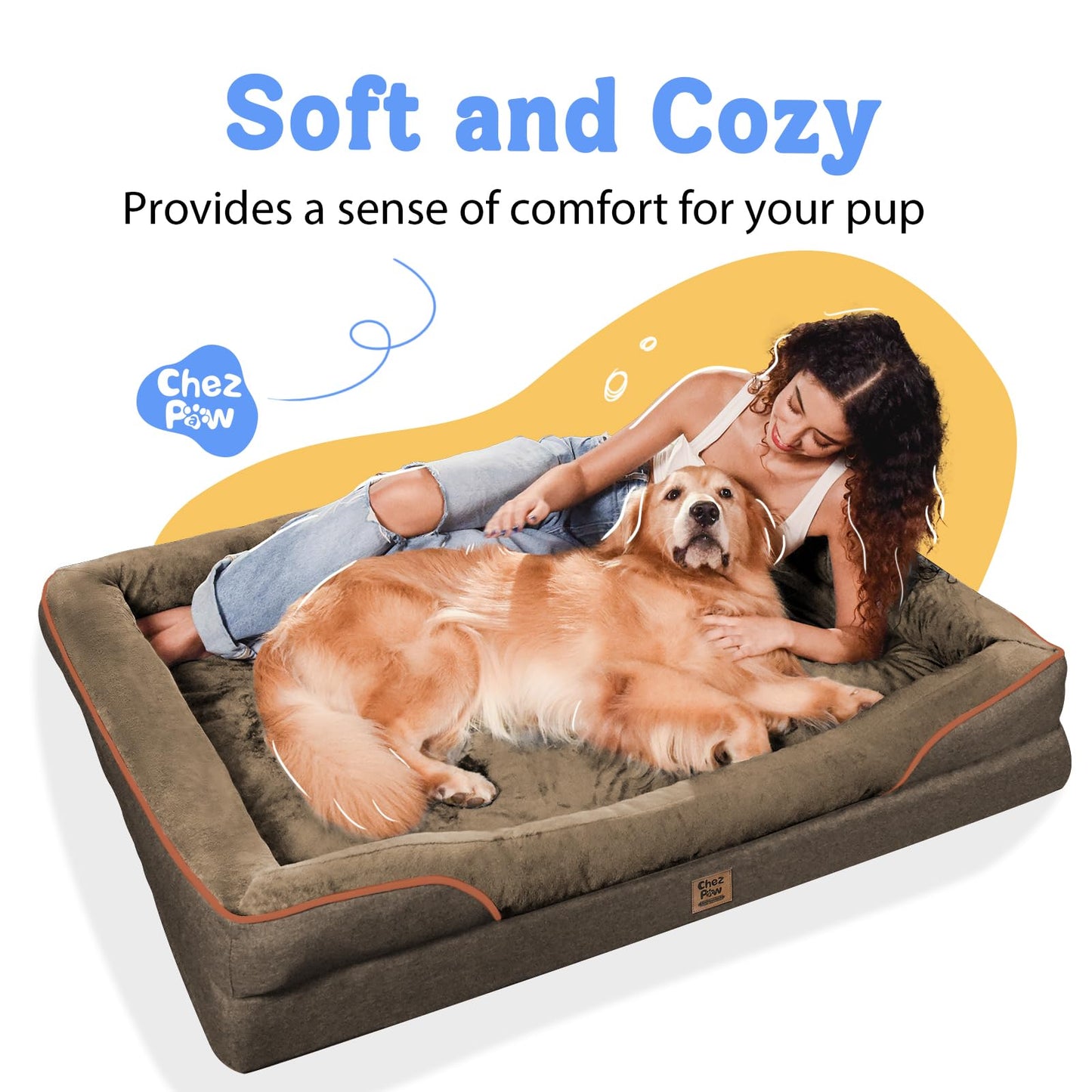 Orthopedic XL Large Dog Bed - Removable Bolster & Waterproof Washable Cover for Pet Big Dogs Bed Extra Large Dog Beds with Foam Support Non-Slip Bottom