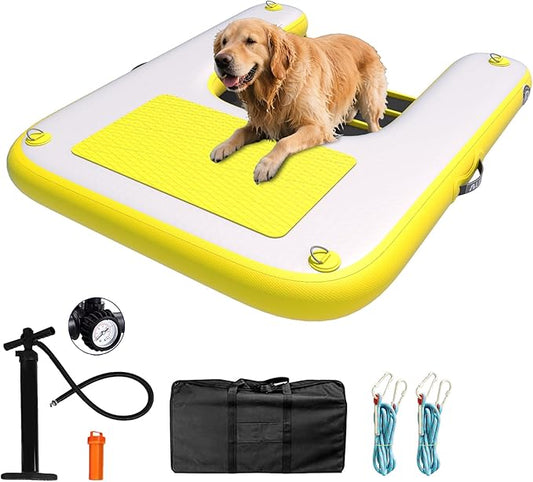 ALIFUN Inflatable Dog Water Ramp Safety Floating Dock Dog Pool Raft for Pool Lake Boat Non-Slip Floating Ladder for Pets Up to 220 LBs Yellow 140CM Length
