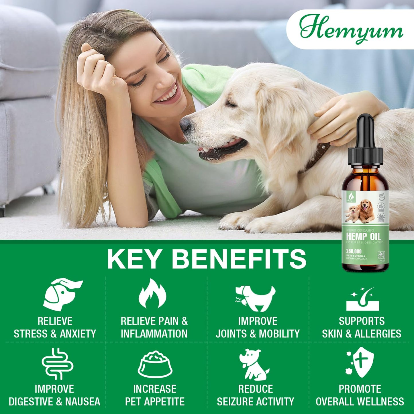 Pet Hemp Oil for Dogs Cats - Organic Hemp Extract Calming Drops, Helps Anxiety Stress Relax, Hip Joint Pain Relief Sleep Aid, Rich in Omega 3 6 9 Vitamin E