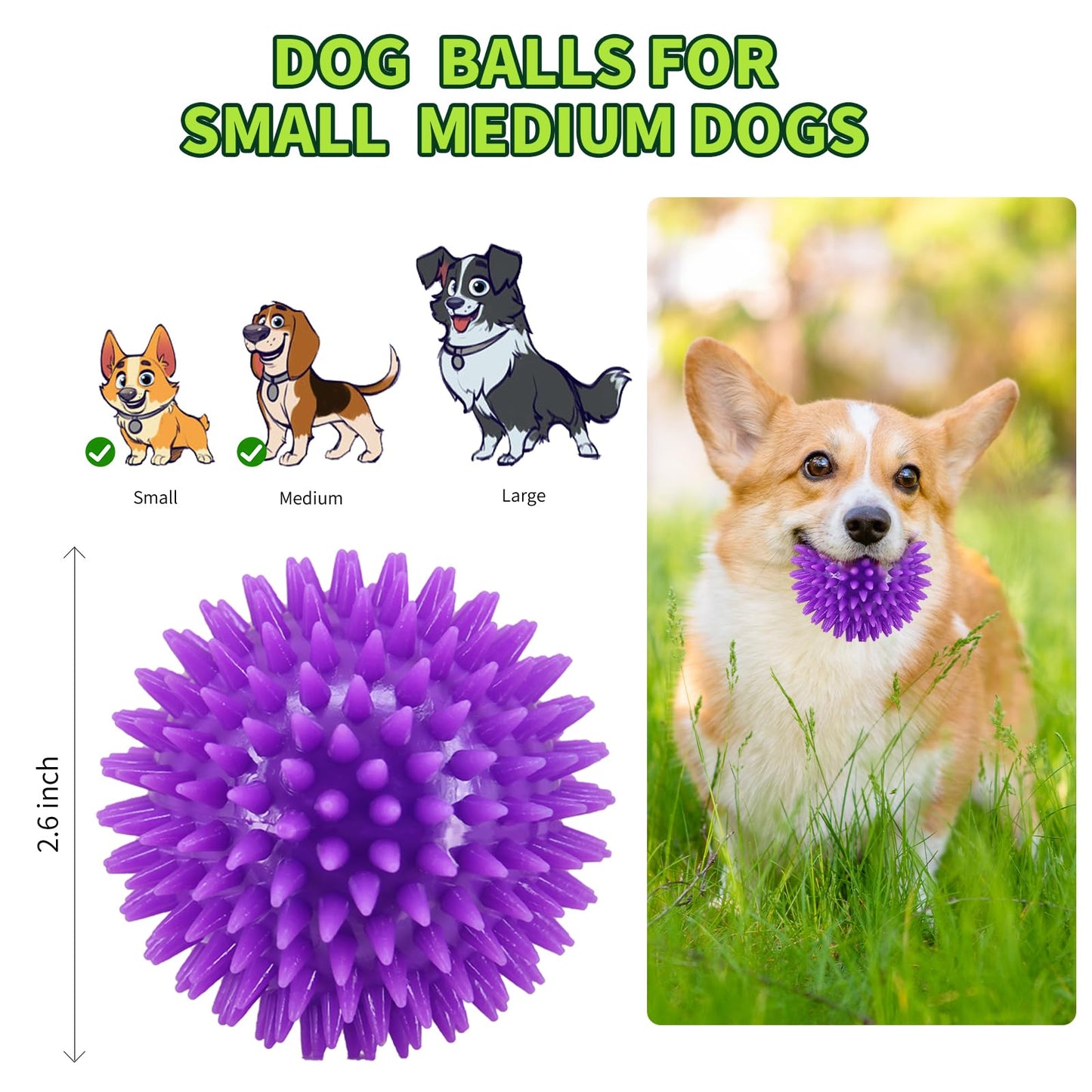 2.5" Squeaky Dog Balls for Small Medium Dogs, 6 Pack Small Dog Chew Toys with Spike, Puppy Toys for Teeth Cleaning and Training (Green 6 Pack)