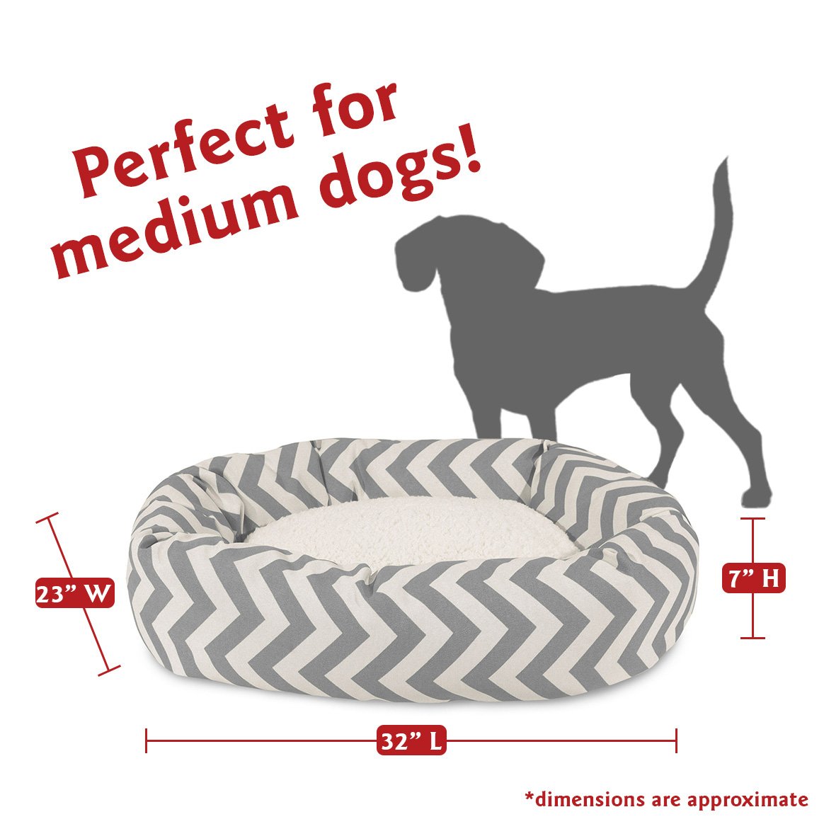 Majestic Pet 32 Inch Chevron Sherpa Calming Dog Bed Washable – Cozy Soft Round Pet Beds with Spine for Head Support - Fluffy Donut Bed 32x23x7 (inch) – Medium - GRAY