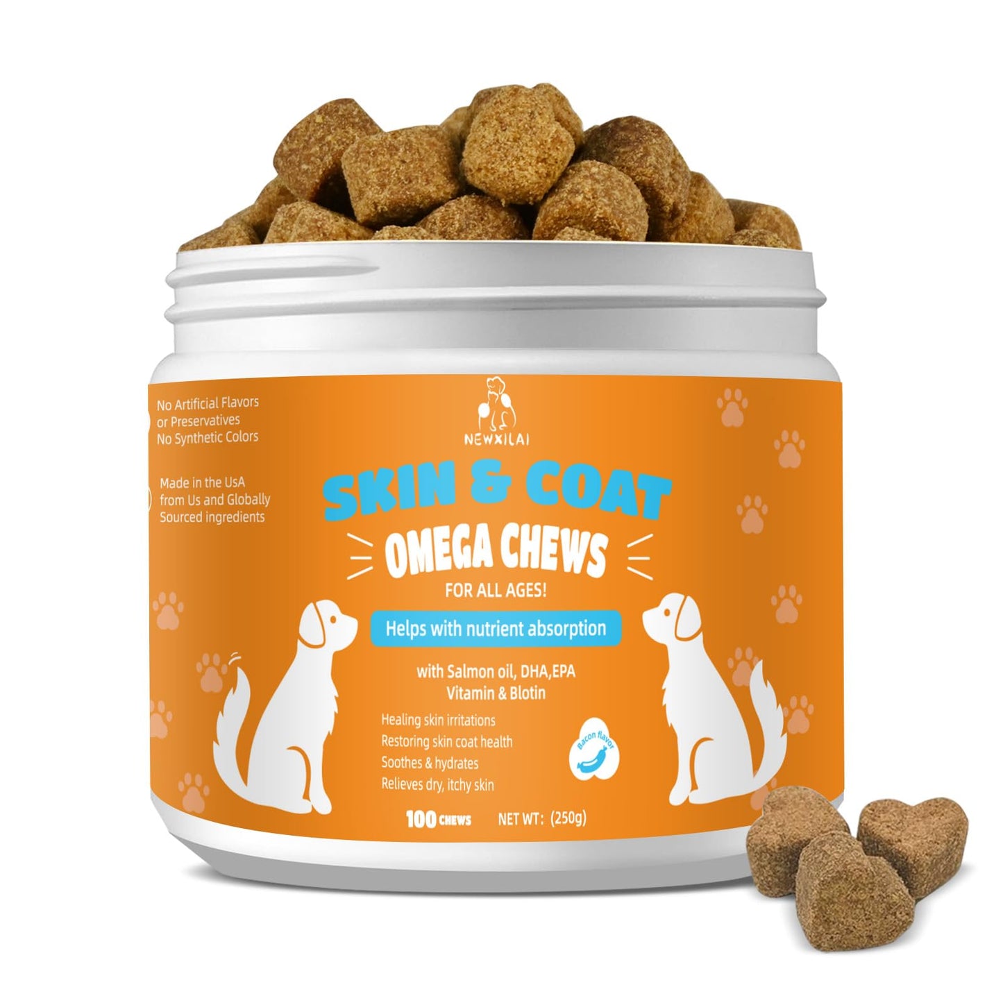 Skin and Coat Chews for Dogs - Itchy Skins Dog Supplement Support Hot Spots Comfort and Shedding Allergy Joint Health with Omega 3 Fish Oil, EPA & DHA Fatty Acids, Bacon Flavor 100 Count Softs Treats