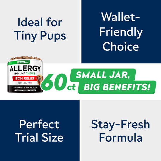 StrellaLab Dog Allergy Relief & Anti Itch Support Chews w/Omega 3: Real Ingredients, Real Taste! Skin & Coat Immune w/Fish Oil, Pumpkin & Enzymes — Developed by Experts - Made in USA - 60Ct