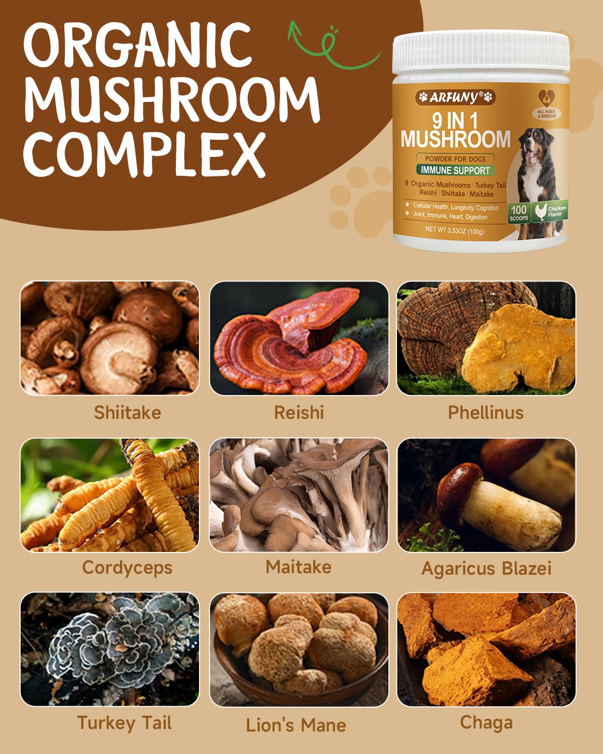 Mushroom for Dogs - Lipoma for Dogs - 9 Organic Mushroom with Turkey Tail, Reishi, Lions Mane - Digestive, Cellular, Immune Health Support - Dog Lumps and Bumps Treatment - 100 Scoops, Chicken Flavor