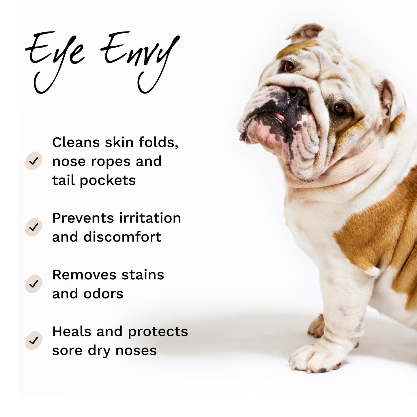 Eye Envy Bulldog Wrinkle Cleaner & Nose Care Kit. Bulldog Wrinkle Wipes, Tear Stain Powder, Applicator Brush & Dog Nose Balm. Cleans Skin Folds. Removes Stains. Helps Cracked Noses. Made in USA