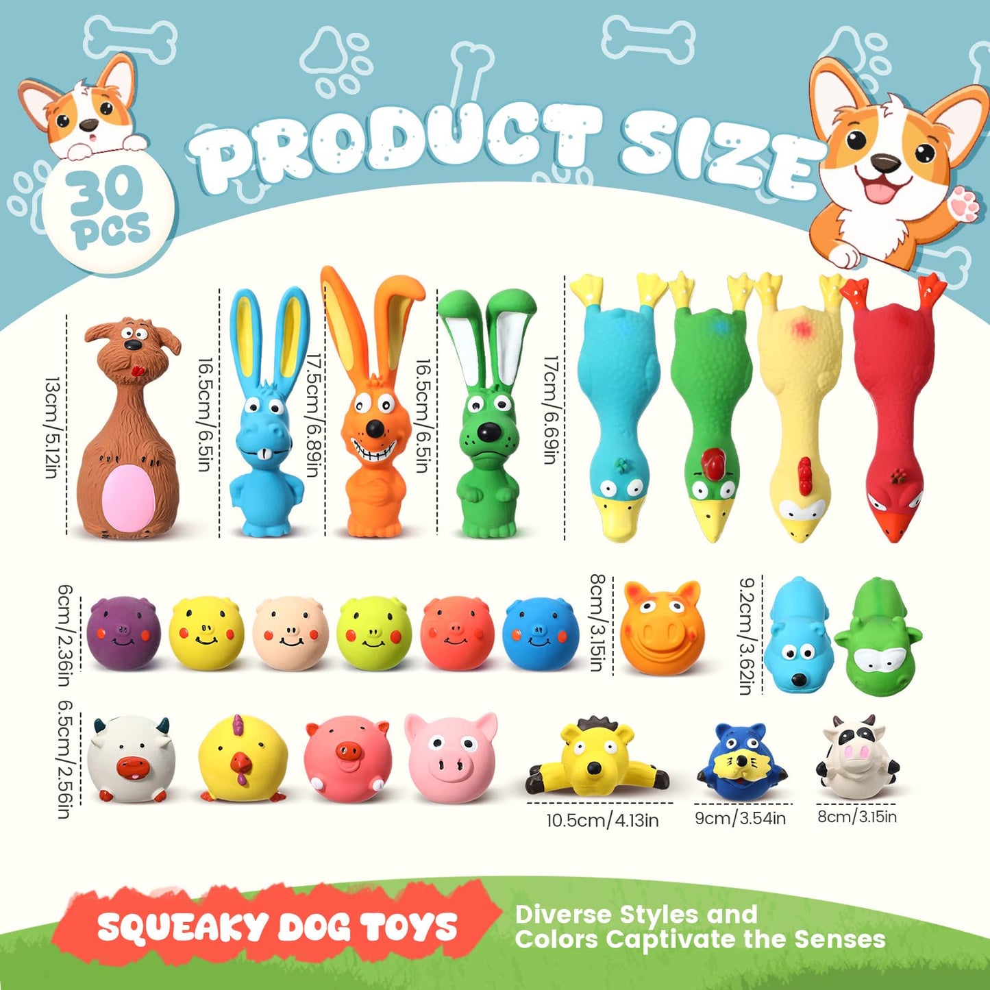 Vertintong 30 Pcs Squeaky Dog Toys Squeak Latex Puppy Funny Animal Soft Dog Chew Toy for Small Medium Large Pets Interactive Play Fetch Reduce Separation Anxiety, Assorted Styles