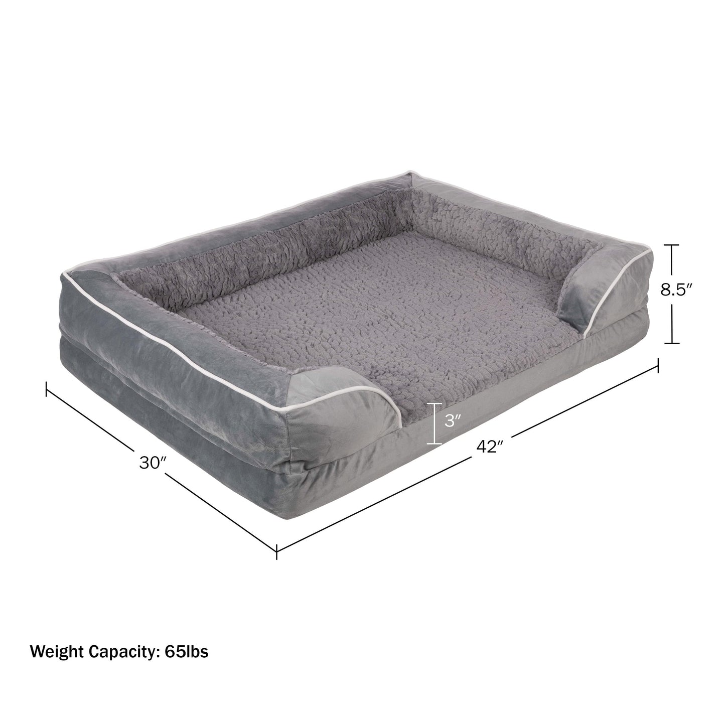 PETMAKER Orthopedic Dog Bed - 42in Dog Couch Bed with Supportive Wraparound Bolster and Removable Washable Cover - Egg-Crate Foam Extra Large Dog Bed for Pets up to 65lbs - Dog Products (Gray)