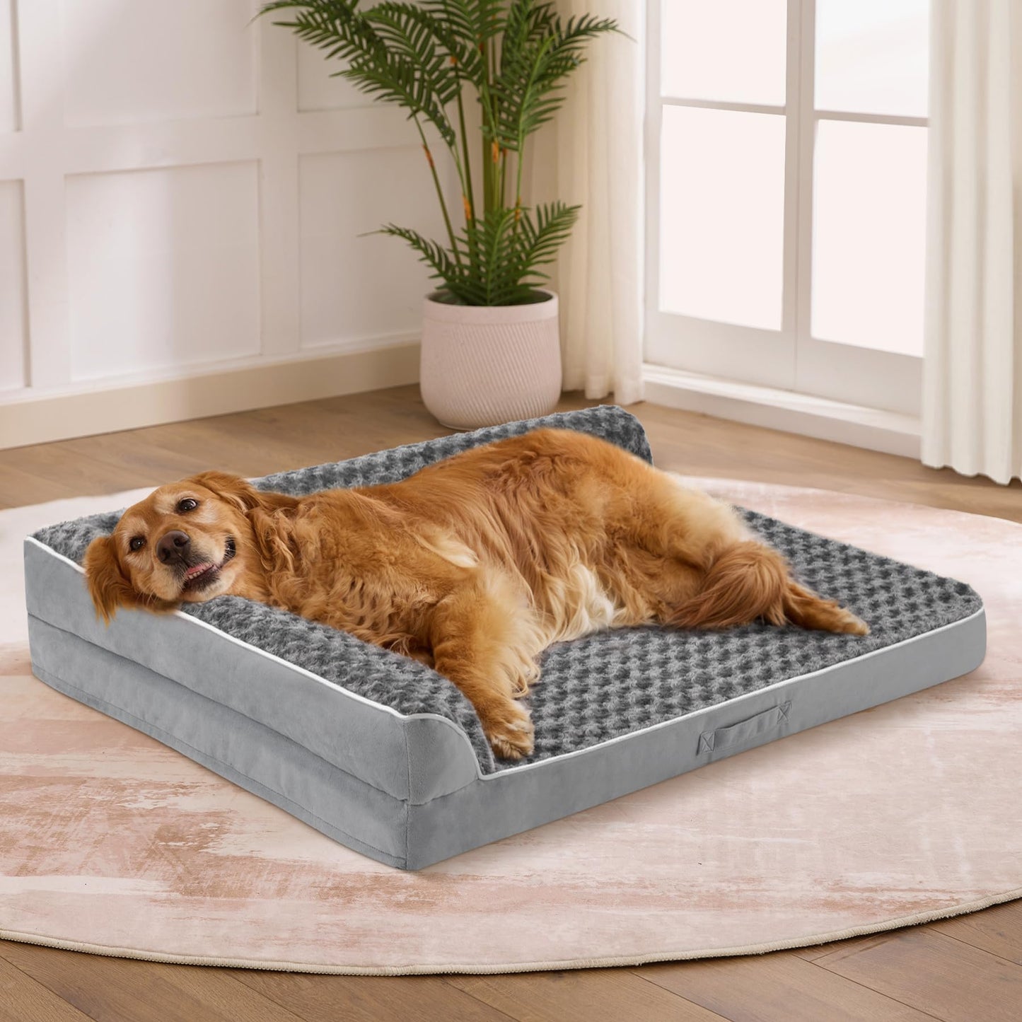 Aeroluxe Dog Bed Large Sized Dogs, XL Orthopedic Dog Bed for Large Dogs, Waterproof Pet Bed with Washable Removable Cover, L-Shaped Pet Couch with Portable Handle 42"x30"x7.5", Grey