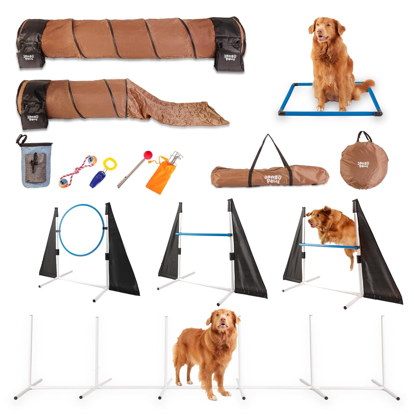 Jango Paws Premium Agility Training Equipment for Dogs - 14pc Complete Dog Training Set with Agility Jumps, Durable Tunnels, Weave Pole - Indoor and Outdoor Dog Exercise and Obstacle Course