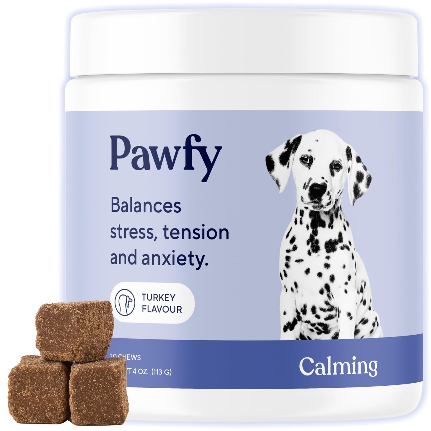 Pawfy Calming Chews for Dogs | Natural Dog Calming Chews - Supports Relaxation and Calm Behavior | Helps with Thunder, Separation, Chewing & Barking | Soothing Aid for Fireworks - 30 Turkey Treats