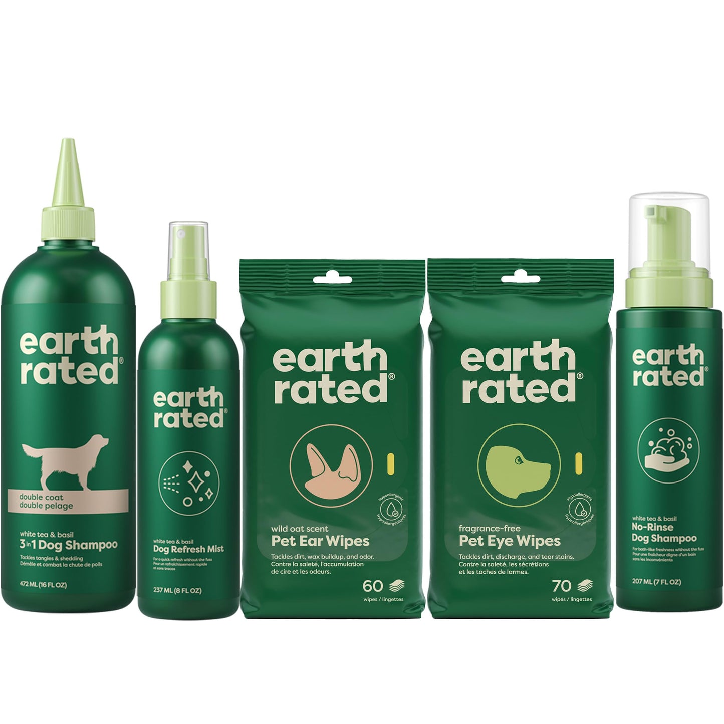 Earth Rated Double Coat Essentials - Dog Shampoo, Refresh Mist, Ear Wipes, Eye Wipes & No-Rinse Shampoo