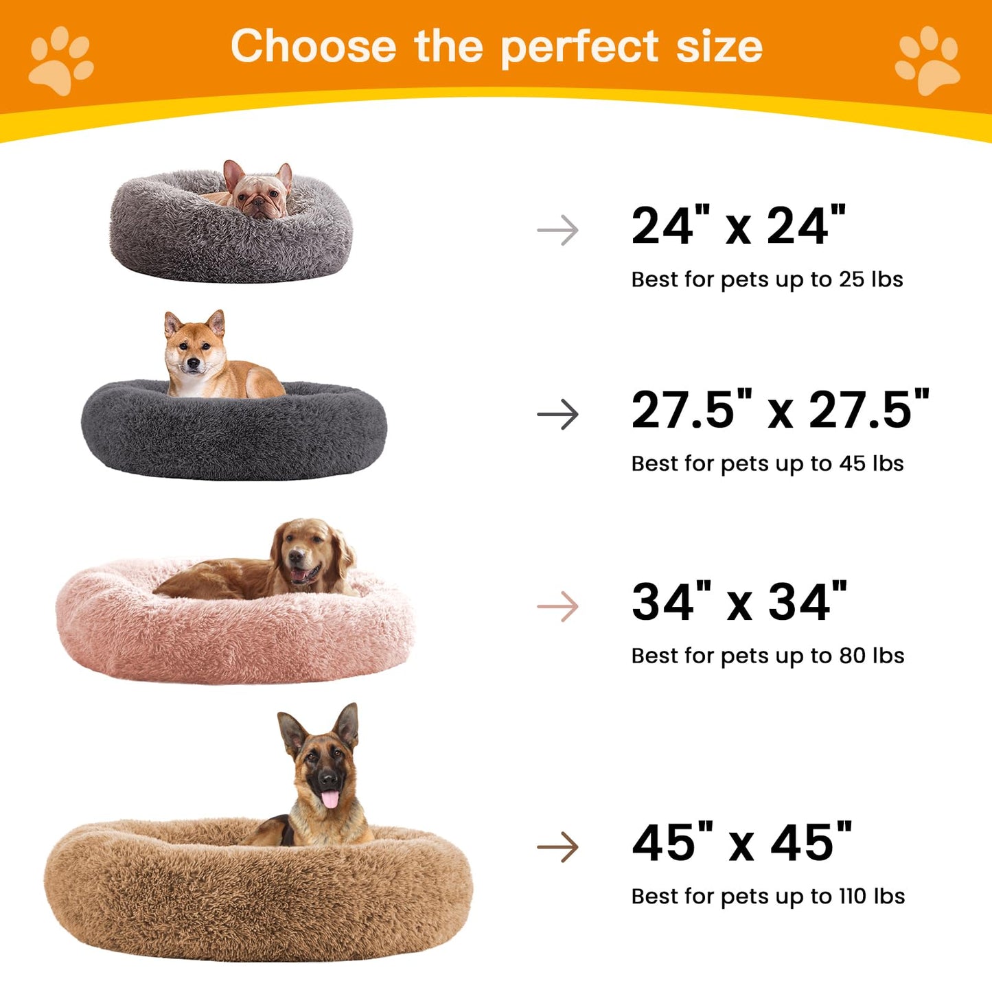 Calming Dog Beds for Large Dogs, Faux Fur Donut Cuddler Dog Bed, Round Fluffy Pillow, Washable Pet Bed for Dogs Up to 80Lbs, 36inch