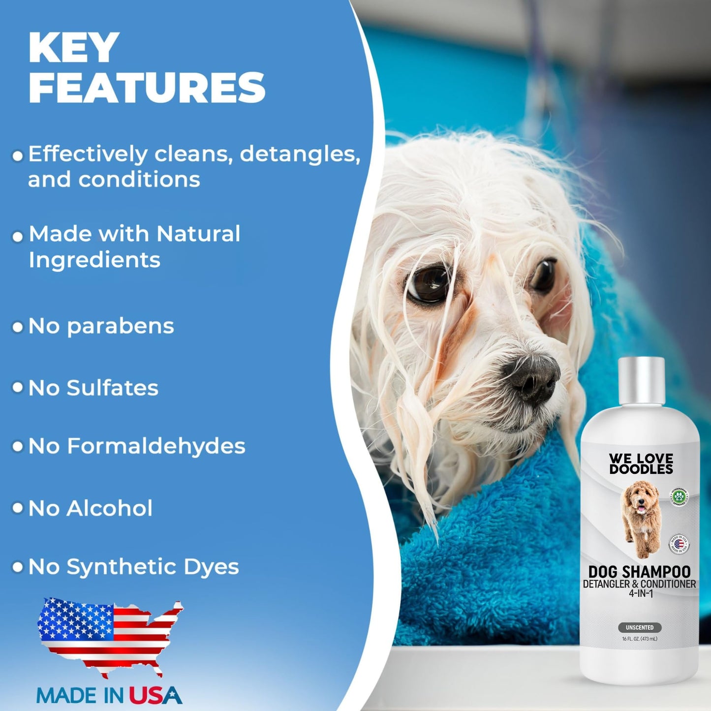 Dog Shampoo, Conditioner & Detangler - Best Shampoo for Goldendoodles, Poodles & Doodles - for Matted Pet Hair - Sensitive Skin Shampoo for Puppies - Made in The USA, 16OZ (Unscented)