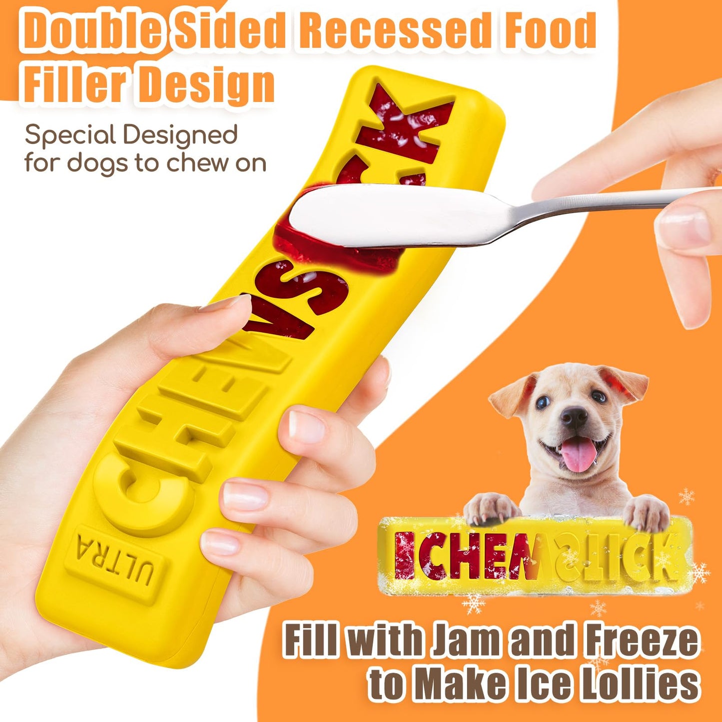 Dog Chew Stick Toy,Interactive Treat Dispensing Puppy Toys,Durable Safe Rubber Teeth Clean Dog Puzzle Slow Feeder for Aggressive Chewers Large Medium Breeds (Yellow+Red)