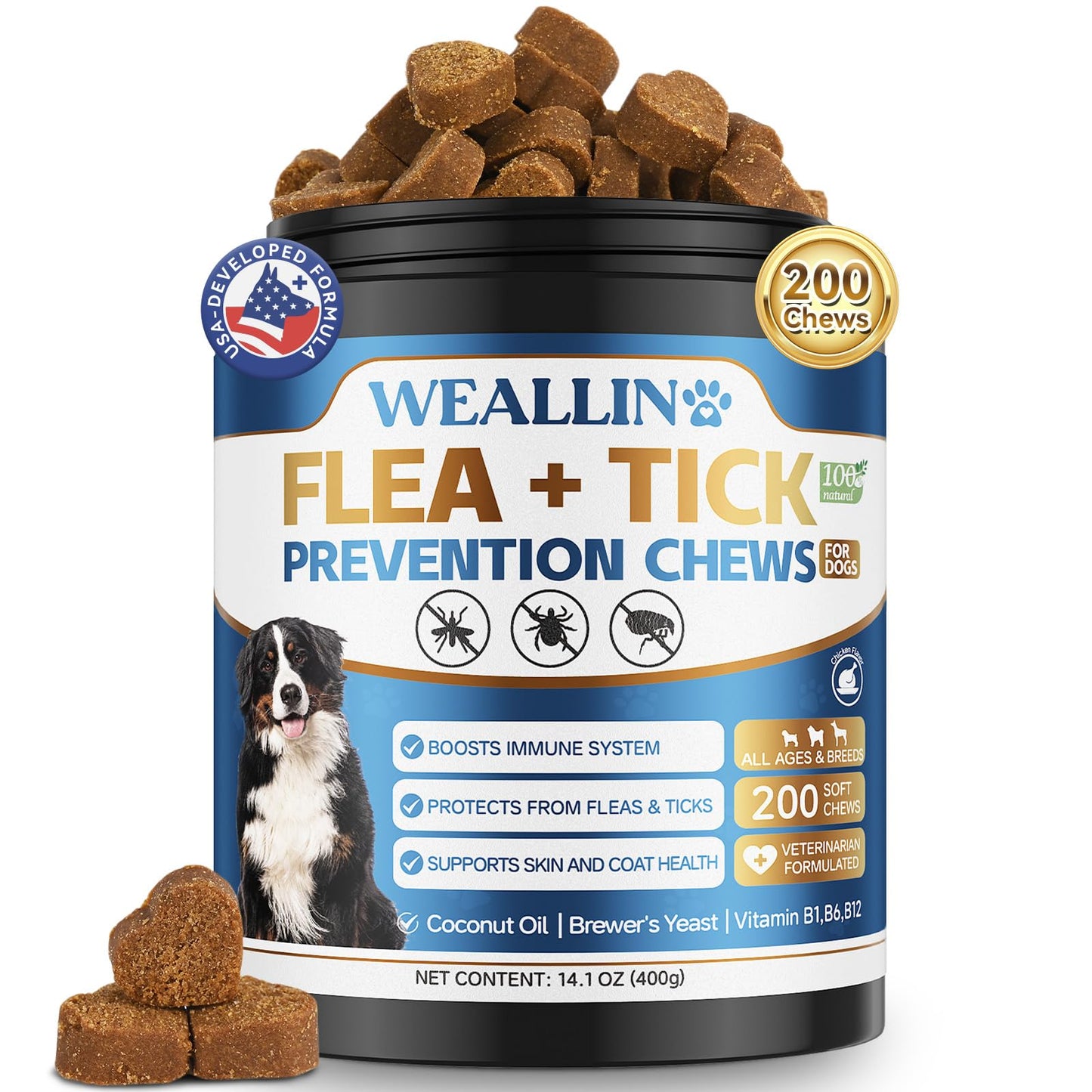 Flea and Tick Prevention for Dogs, 200 Soft Chews for Dog Fleas Ticks Treatment, Natural Dogs Oral Flea Chewables Support Supplement, Flea and Tick Chews for All Breeds & Sizes