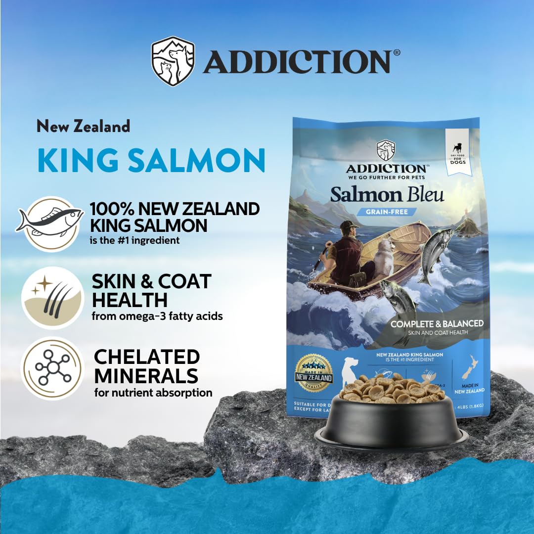 Addiction Salmon Bleu Grain-Free Dry Dog Food - Rich in Prebiotics to Support Skin, Coat & Cognitive Health - Salmon Recipe for All Dog Life Stages - Made in New Zealand 4lb - 2 Packs
