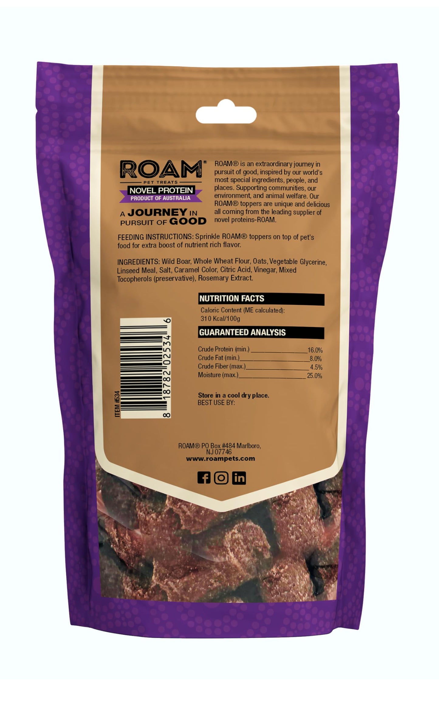 ROAM Pet Treats Wild Boar Exotic Dog Topper - Single Protein, Sustainably Raised Wild Boar Meat Dog Food Topper - Non-GMO, 4 Ounce
