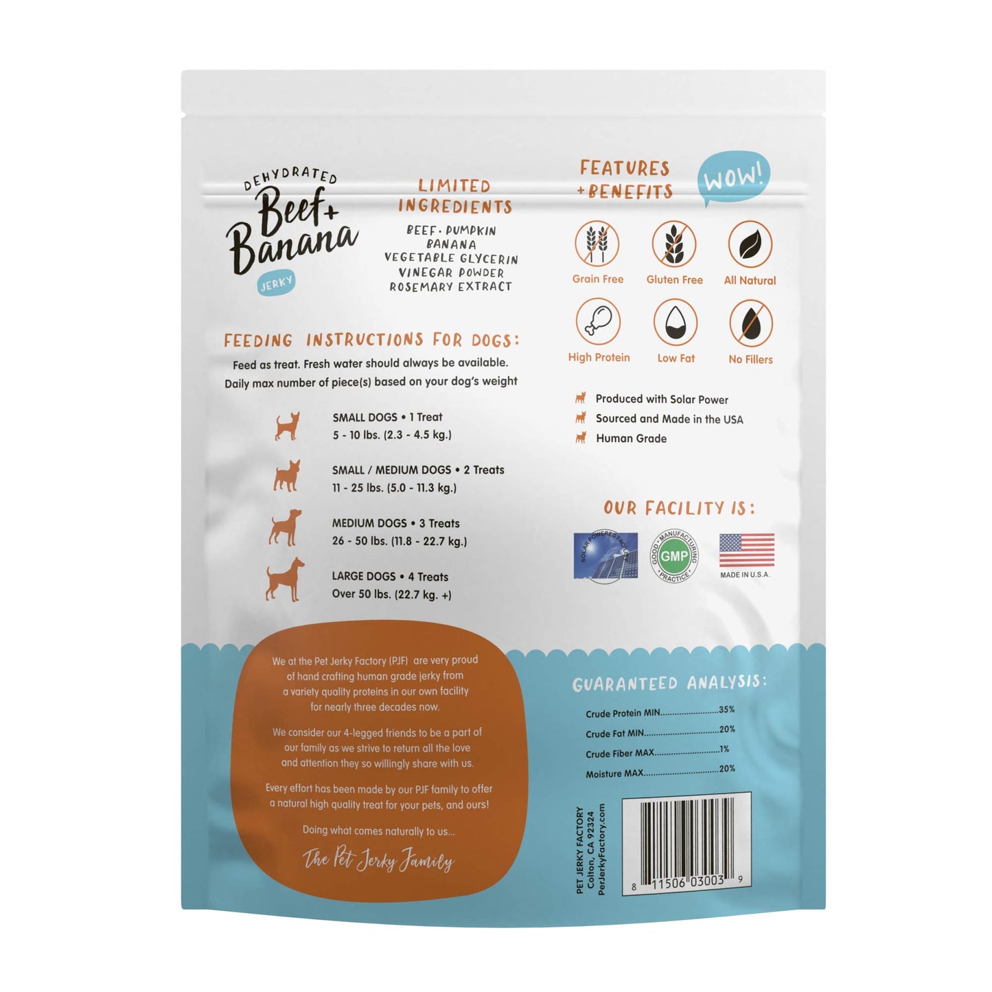 Pet Jerky Factory Premium Beef and Banana 12 oz. Dog Jerky Treats | 100% Human Grade | USA Made | High Protein | Grain Free | Limited Ingredients | No Filler | BHA-BHT Free | Soft-Tender