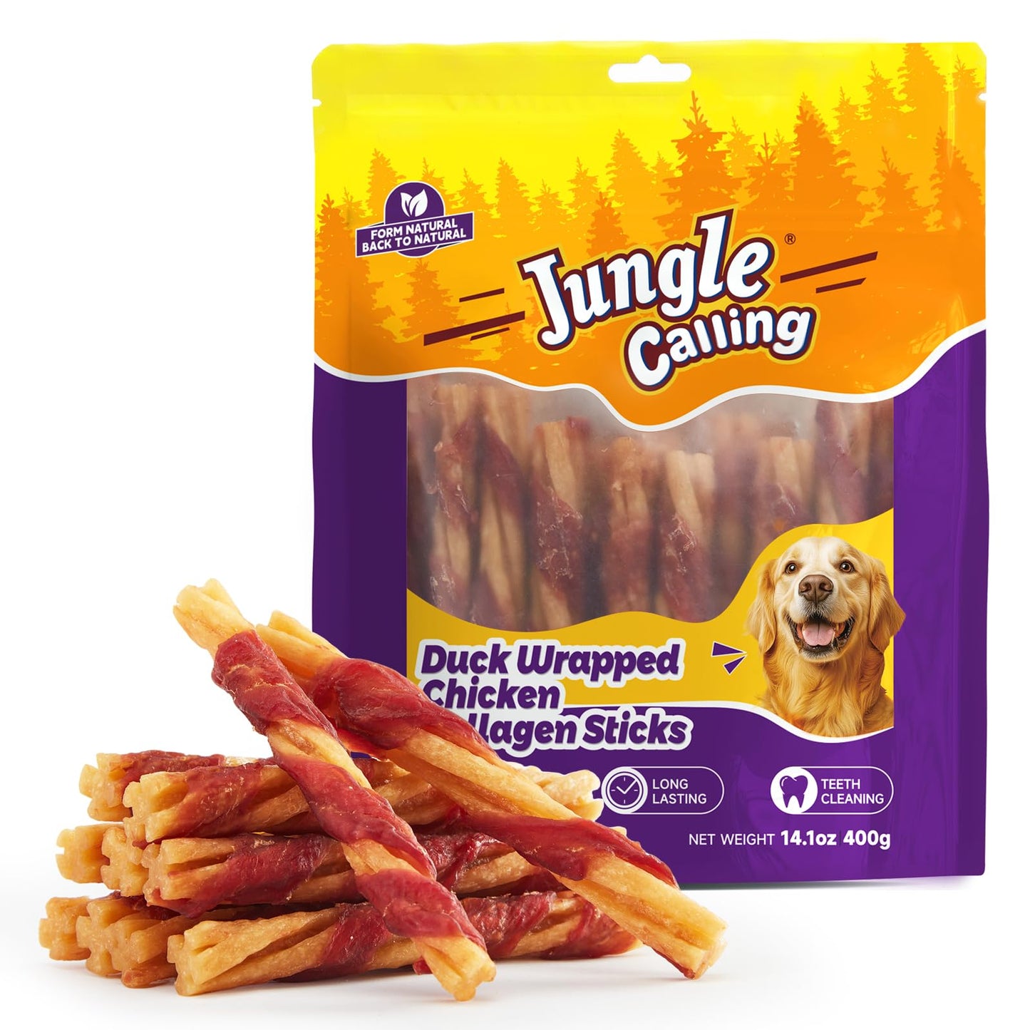 Jungle Calling Dog Treats, Duck Wrapped Chicken Collagen Sticks for Small Medium Dogs, Digestible Rawhide Alternative Dog Chews, Dental Bones for Teeth Cleaning, Like Bully Sticks, Less Smell, 14.1oz