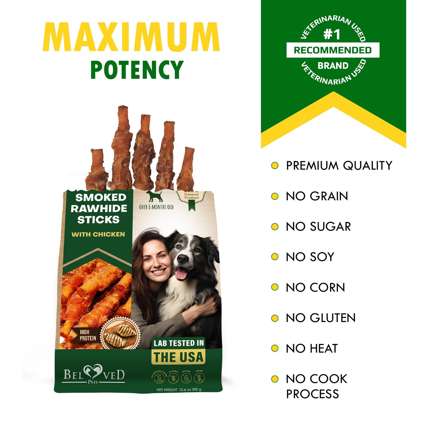 Dog Treats Rawhide Sticks Wrapped with Chicken 11 oz Pet Natural Chew Treats - Grain Free Meat & Human Grade Dried Snacks - Best for Small & Large Dogs (10.6 Ounce (Pack of 1), Smoked Chicken)