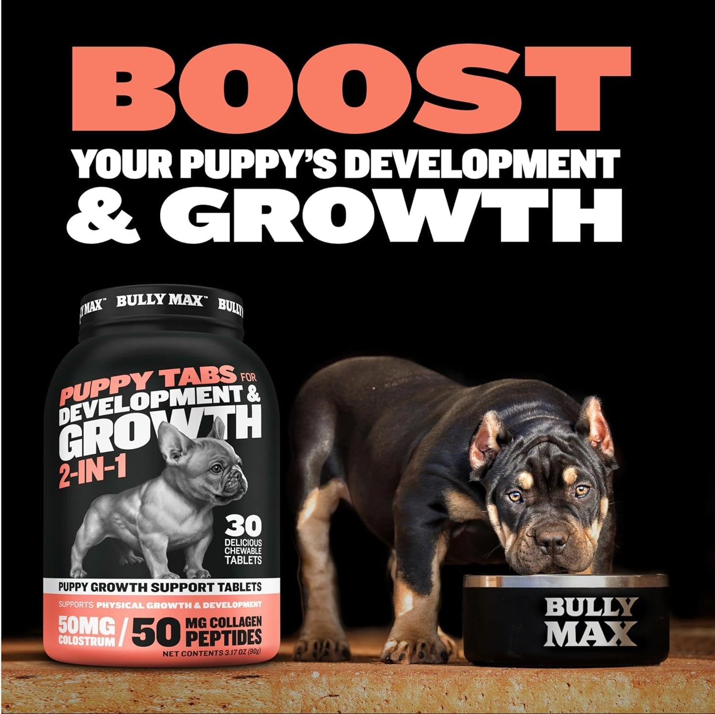 Bully Max 2-in-1 Puppy Vitamins - 30 Chewable Tablets for Growth & Development of Puppies - Multivitamin Treats & Essential Dog Supplements for Small Dogs & Large Breed Growing Pups - 2 Bottles
