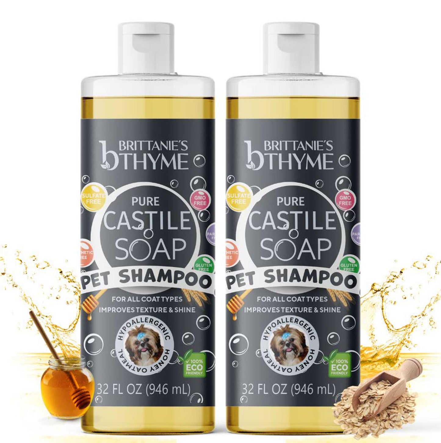 Brittanie's Natural Itchy Skin Relief Shampoo + Conditioner for Dogs & Cats | Honey & Oatmeal Oils | for Allergies and Itching | Deodorizes, Moisturizes & PH Balanced (32oz 2 Pack)