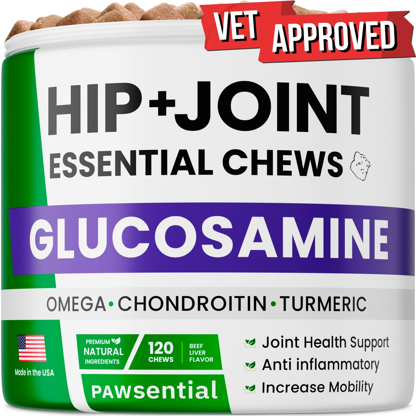 Glucosamine for Dogs - Joints Health Treats w/Omega Fish Oil - Natural Joint Pain Relief - Canine Hip and Joint Supplement w/Chondroitin + MSM + Turmeric + Calcium - 120 Beef Chews