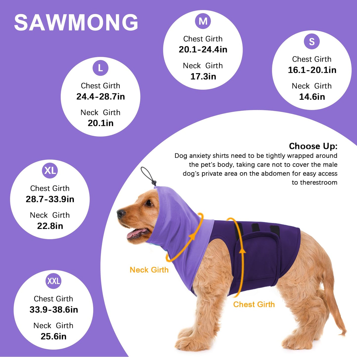 SAWMONG Dog Anxiety Vest, Breathable Calming Shirt Adjustable Chest & Hood for Dogs, Soft Pet Stress Relief Calming Coat Wraps Ears for Noise, Thunderstorms, Fireworks and Separation(Purple, X-Large)